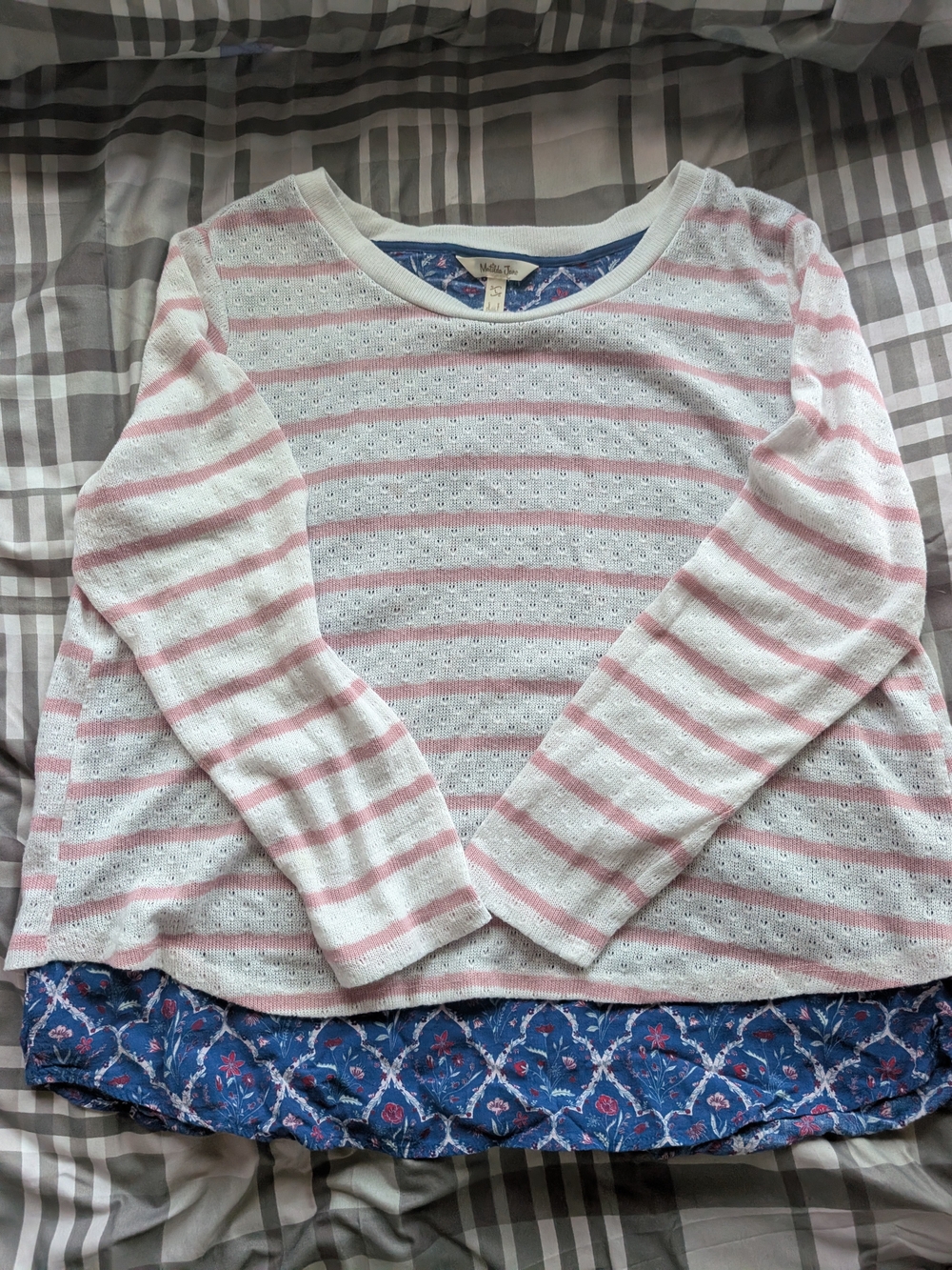 Matilda Jane White Sweater Top with Pink Stripes and Blue Floral Layer